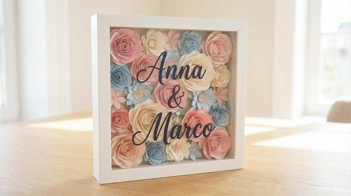Shadow Box Personalizzata con Fiori 3D e Frase sul Vetro