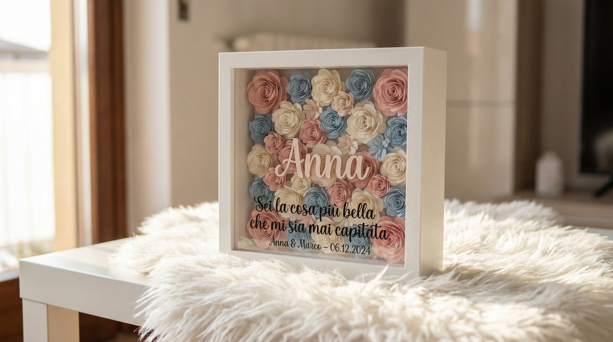 Shadow Box Personalizzata con Fiori 3D e Frase sul Vetro